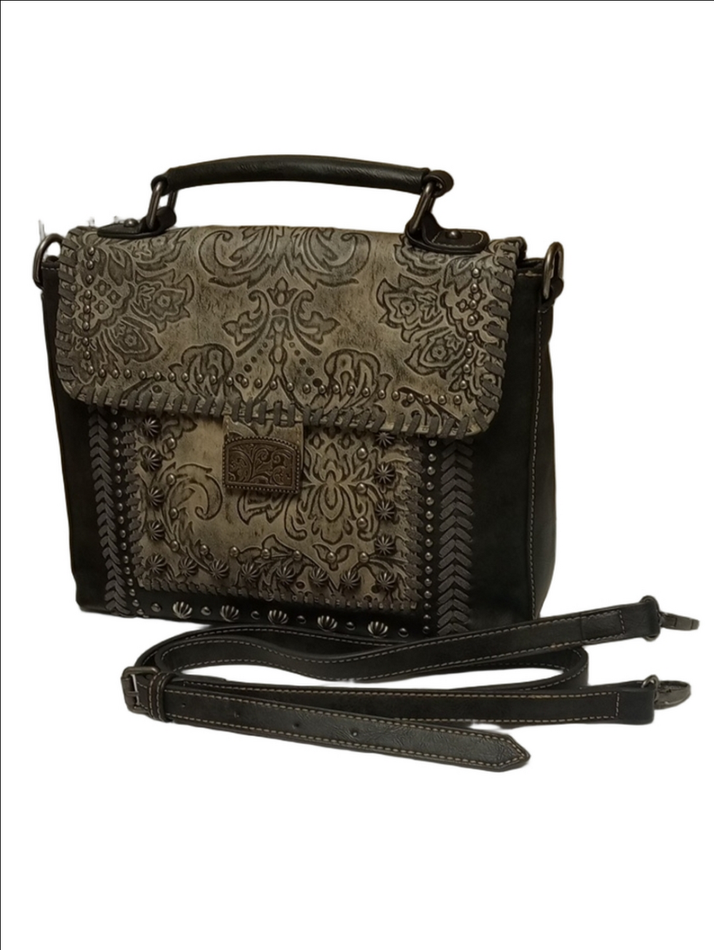 MONTANA WEST BLACK GRAY TOOLED WESTERN GUN METAL STUDED CROSSBODY MESSANGER BAG